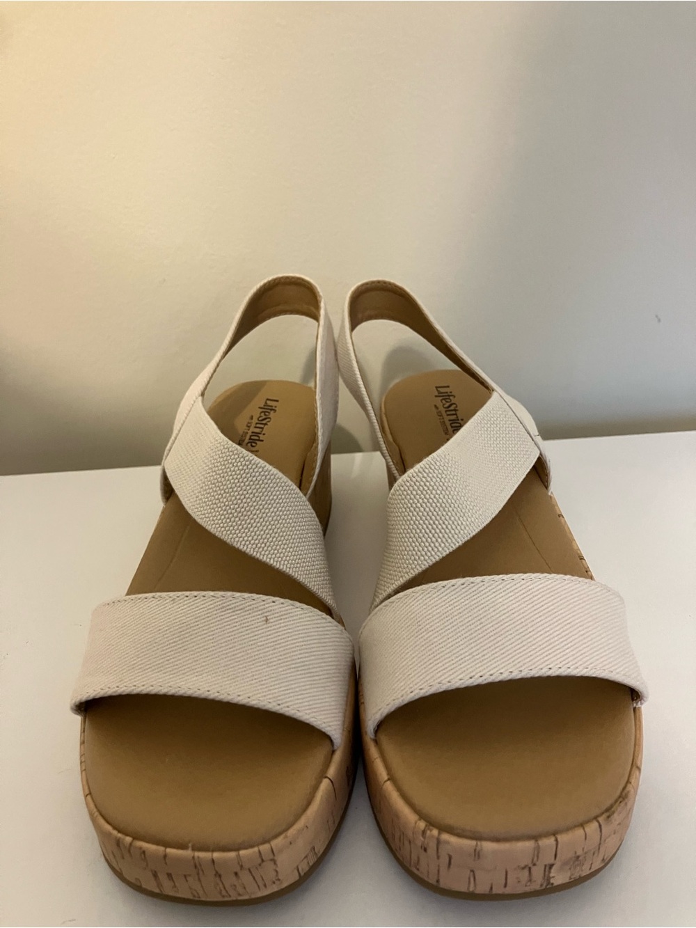 Life Stride Cream Crisscross Platform Slingback Sandals